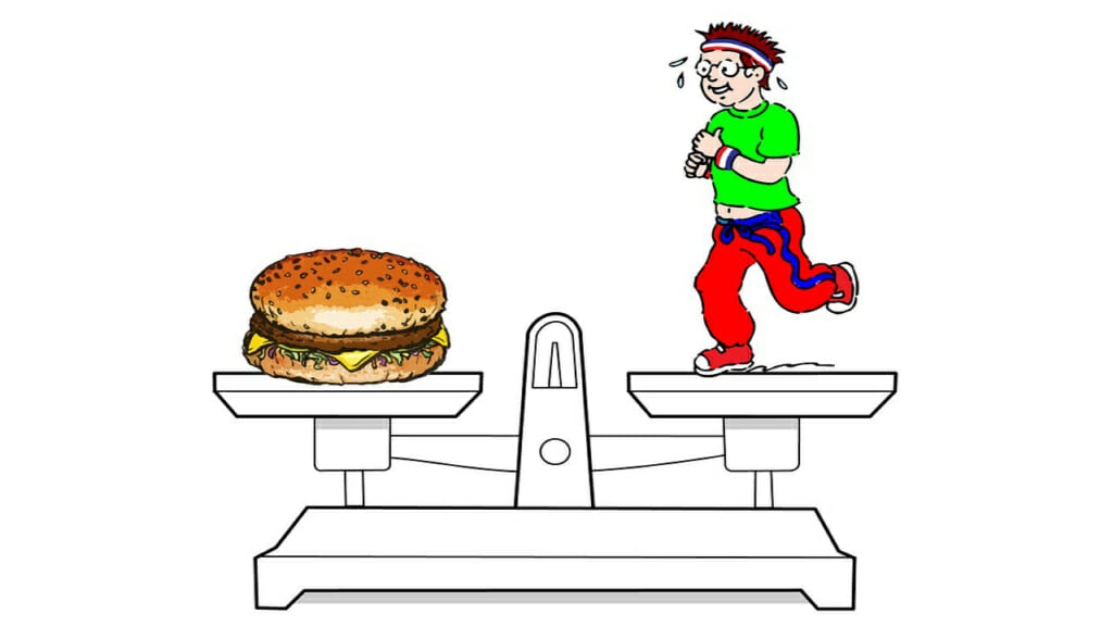 Küchenwaage mit Burger auf der einen und einer Cartoonfigur auf der anderen Seite der Waagschalen.