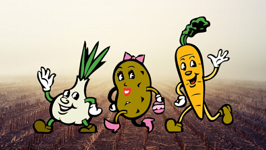 Cartoonzeichnung von verschiedenen personifizierten Gemüsesorten